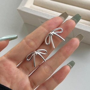 Dainty Ribbon Bow Stud Earrings Sliver - Silver Bow Earrings - Women Minimalistic Everyday Coquette Earrings - 925Silver