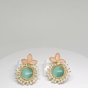 Handmade Floral Brass Earrings with Pearls & Enamel, Traditional Indian Wedding Jewelry, Lightweight Festive Earrings for Women