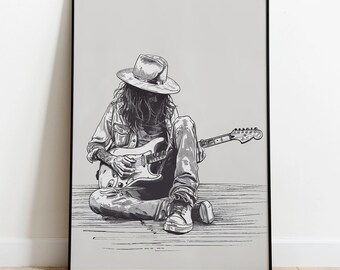 Rock Star Guitarist Print, Guitar Player Wall Poster, Neutral Colors Music Poster, Sitting Playing Electric Guitar Print, Music Digital Art