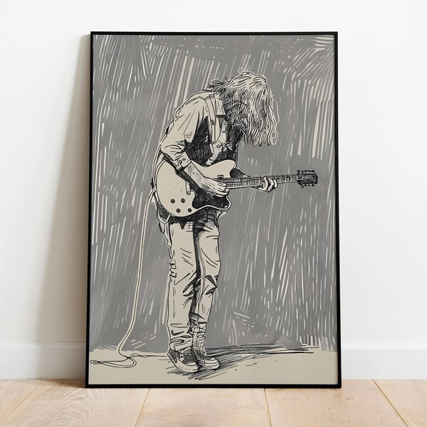 Musician Wall Poster, Gift For Music Fans, Guitarist Playing Electric Guitar, Street Music Digital Download, Modern Art, Gray & White Print