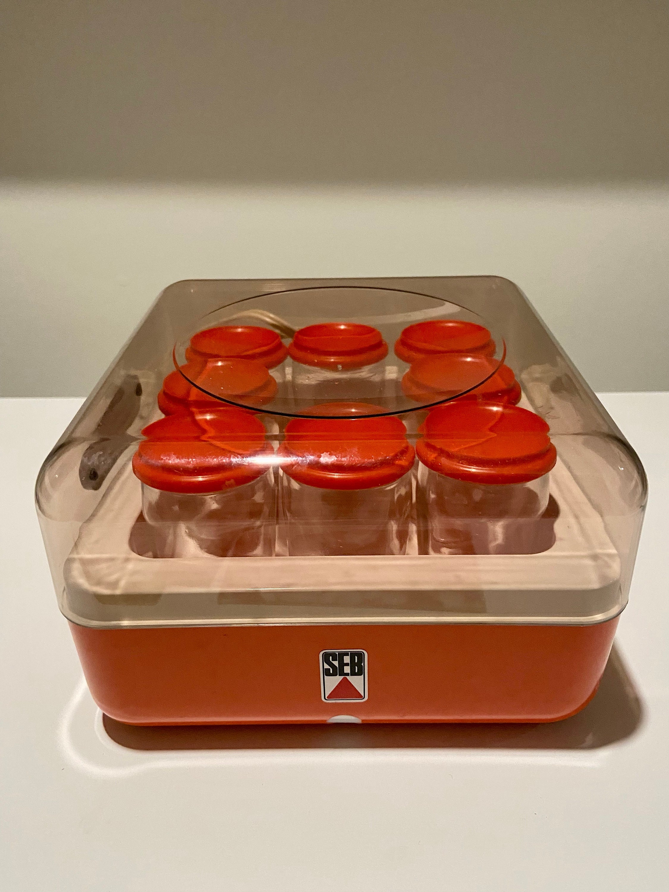 Vintage 872 Orange SEB Yogurt Maker with 8 Orange & White Glass Jars