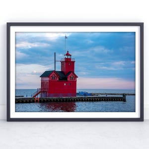 Big Red Lighthouse Fine Art, Stormy Sunset Picture, Lake Michigan Print, Pink and Blue Sky Photo, Holland Michigan Wall Art, Pier Photograph