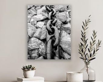 Quadro da parete con catena di barca nautica, stampa fotografica marittima in bianco e nero, arredamento costiero industriale, foto con texture metallica, tela senza cornice