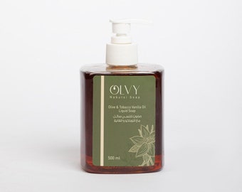 Olvy Nabulsi Sapone liquido all'olio d'oliva puro con olio di vaniglia e tabacco - Detergente per mani e corpo - 16,9 once in flacone con pompa Naturale e biologico