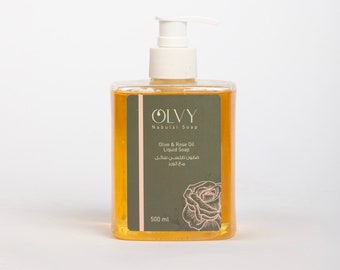 Olvy Nabulsi Jabón líquido de aceite de oliva puro con aceite de rosa - Jabón para manos y cuerpo - 16.9 oz en botella con dosificador Natural y orgánico