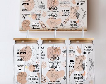 Glass Tumbler - Swear Affirmations, Glass Cup With Bamboo Lid and Straw, Mental Health, Adult Humor Cup, Funny Gift for Friend Glass Tumbler