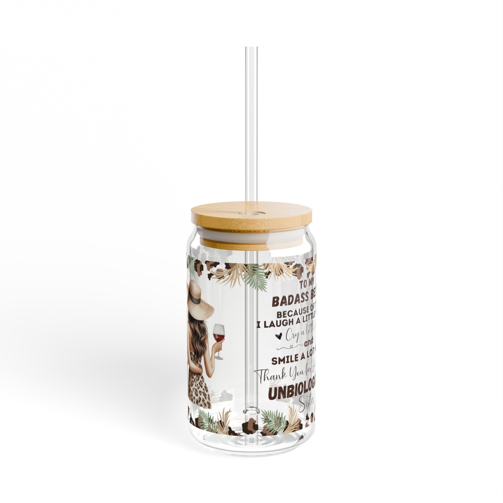 Glass Tumbler Badass Bestie, Glass Cup With Bamboo Lid and Straw, Adult ...