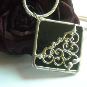 Black Stained Glass Pendant With Filigree image 1