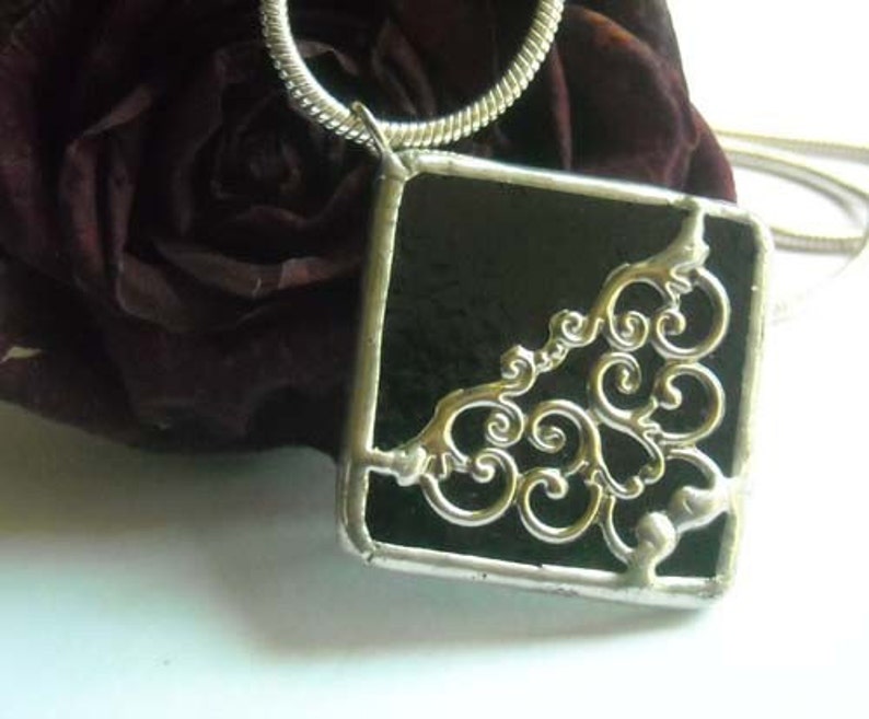 Black Stained Glass Pendant With Filigree image 1