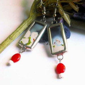 Upcycled Glass Earrings With Red And White Glass Dangle Beads - #5
