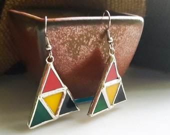 Multicolored Triangle Stained Glass Earrings - #2