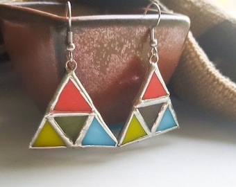 Multicolored Triangle Stained Glass Earrings - #1