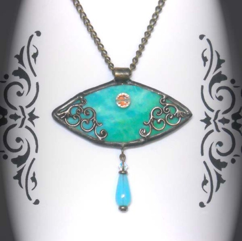Aqua Victorian Inspired Stained Glass Pendant image 4