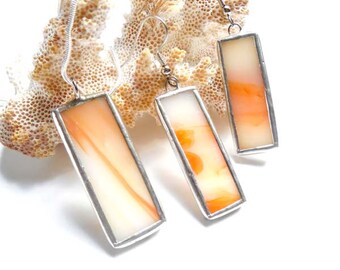 Orange And White  Stained Glass Earrings and Pendant Set