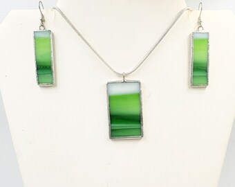 Green And White Stained Glass Earrings and Pendant Set