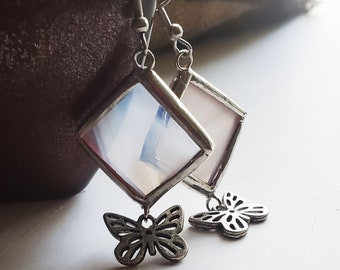 White Semi-Transparent Stained Glass Earrings With Butterfly - #2