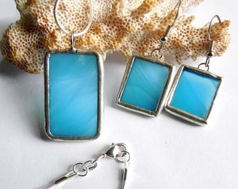 Turquoise Stained Glass Earrings and Pendant Set