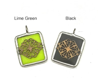 Lime Green Or Black Stained Glass Filigree Pendant