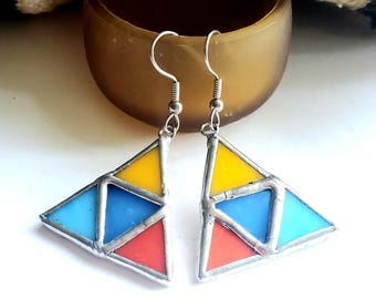 Pendientes triangulares multicolores de vidrieras - #2