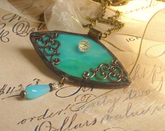 Aqua Victorian Inspired Stained Glass Pendant