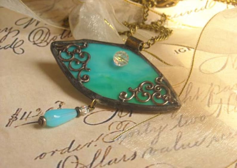 Aqua Victorian Inspired Stained Glass Pendant image 1