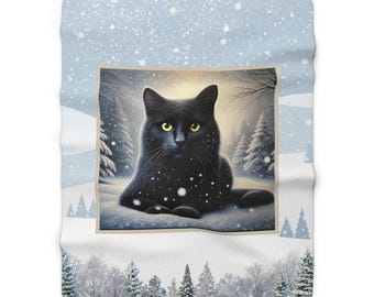 Sherpa Fleece Blanket  Winter Cat   Cozy Snowy Scene Throw with Black Cat Custom Winter Gift for Cat Lovers Christmas Gift for Her