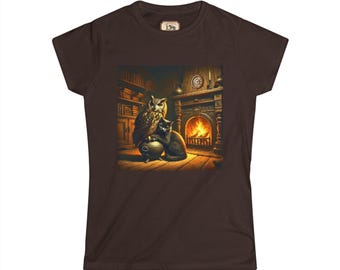 Women's Softstyle Tee  Whimsical Owl and Cat by the Fireplace | Cozy Spooky Halloween Decor | Mystical Autumn Art Print