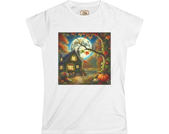 Enchanted Owl Cottage T-Shirt | Whimsical Autumn Moon Graphic Tee