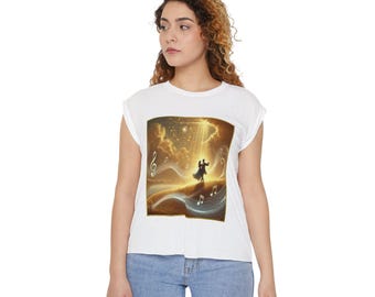 Rolled Sleeve High Low Cut Tee  Inspirational Dancing Couple Graphic Top Starry Sky and Music Notes Shirt