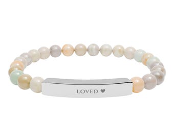 Loved Engraved Natural Stone Bar Bracelet | Stretch Beaded Bracelet