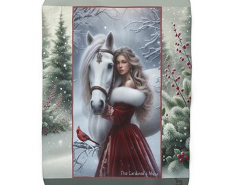 Winter Sherpa Blanket with Cardinal and Horse and Berry Design  Cozy Holiday Throw for Seasonal Decor