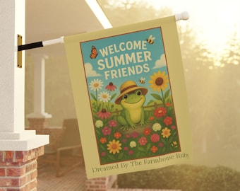 Summer Garden Flag Welcome Summer Friends Frog Hat Flowers Farmhouse Outdoor Decor