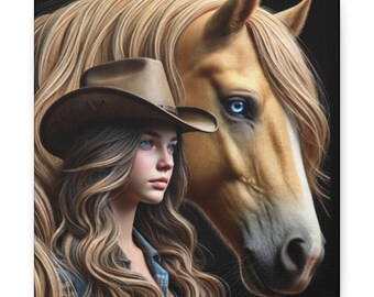 Matte Canvas, Stretched, 1.25" Kindred Spirits Digital Art Cowgirl and Horse Western Wall Art Rustic Farmhouse Decor Equestrian Artwork