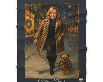 Woman in Leopard Coat Walking Dog sherpa fleece blanket | cozy holiday street scene