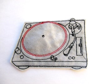 Gray and red turntable machine embroidered iron on felt patch applique, music patch, band patch, patches for jackets