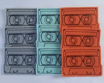Cassette Iron On Patches Set of 9, cassette tape felt patches - music patches - patches for jackets