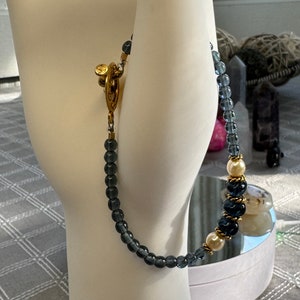 Gold Tone 8” long “Montana” Blue glass and pearl beaded “Classic Bracelet” by Bead Retreat