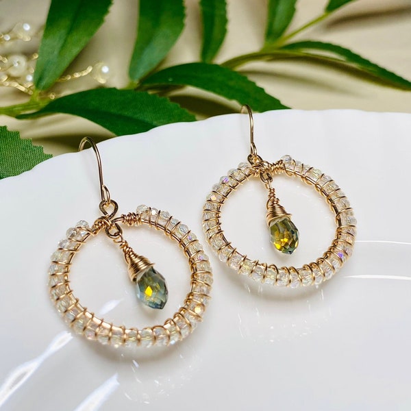 Jessica Earrings - Sparkly Beaded Hoop-Style Earrings with Blue-Green Glass Drops / Handmade Earrings / Wire-Wrapped Earrings