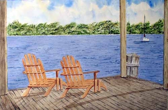 Original Painting Lake Cabin With Adirondack Chairs Etsy