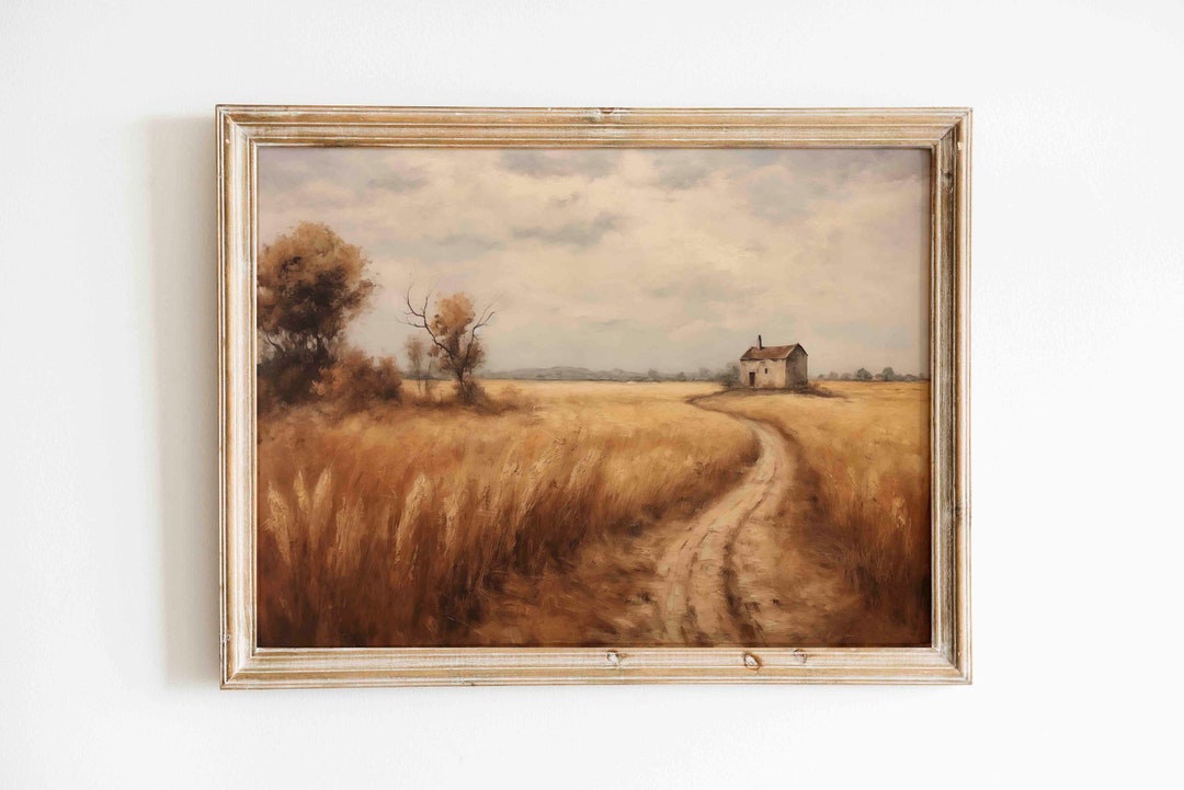 Rustic Farmhouse Landscape Oil Painting Vintage Farmland With Winding ...