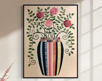 May include: A rectangular framed wall art print featuring a stylized vase with vertical stripes in shades of blue, pink, yellow, and black, containing a bouquet of pink roses with green leaves and dark, swirling vine-like stems on a beige background.