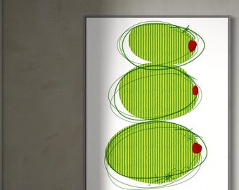 May include: A framed wall art print featuring a vertical stack of three stylized green olives. Each olive has a bright green striped pattern, dark green circular outlines, and a small, solid red pimento center against a plain white background.
