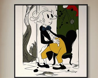 May include: A square framed wall art print featuring a stylized black and white line drawing of a cartoon character wearing a dark jacket, a blue bow tie, and yellow trousers, sitting in a chair against a background with green and red accents.