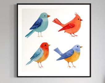 May include: A square framed wall art print featuring four stylized birds arranged in a grid. The top left bird is light blue, the top right is bright red, the bottom left is red and blue, and the bottom right is blue and yellow, all on a white background.