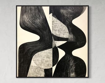 May include: A square wall art piece in a black frame featuring a high-contrast black and white abstract composition. The design consists of fluid, organic shapes with textured, linear patterns and solid black areas set against a cream background.