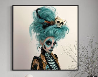 May include: A framed wall art print featuring a figure with voluminous teal hair, a skull accessory, and intricate skeletal face makeup. The figure wears a black and teal garment with a ribcage design, set against a plain white background.