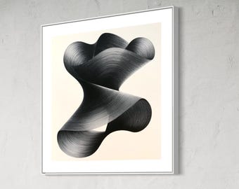 May include: A square framed wall art piece featuring a black abstract graphic with flowing, ribbon-like lines on a cream-colored background. The artwork is encased in a thin white frame, displaying a complex, swirling pattern of dark, fine lines.