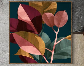 May include: A square wall art print featuring a botanical illustration of large leaves in shades of deep burgundy, golden yellow, and muted pink against a dark teal background. The artwork is framed in a thin wood border and displayed on a wall.