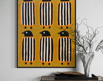 May include: A framed rectangular wall art piece featuring six stylized bird figures arranged in two rows of three. Each bird has a black head, a white eye, and a body with vertical black and white stripes, all outlined in a bright orange border.