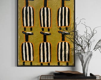 May include: A framed rectangular wall art piece featuring six stylized animal figures arranged in two rows of three. Each figure has a black and white striped body, a long black neck, and a head with white markings, set against a textured olive green background.